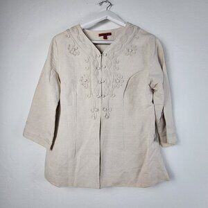Joni B. Womens Linen Blend Embroidered Blazer Cardigan Medium Ivory 3/4 Sleeve